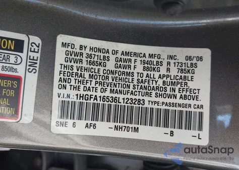 2006 Honda Civic Lx из США, поврежденный, VIN 1HGFA16536L123283